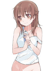 Rule 34 | 10s, 1girl, bad id, bad pixiv id, blush, bottomless, breasts, brown eyes, brown hair, cleavage, collarbone, groin, hair ornament, hairclip, highres, kyouno madoka, long hair, looking away, lotion, mizuki (koko lost), rinne no lagrange, simple background, small breasts, smile, solo, strap slip, sunscreen, tank top, white background