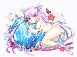 Rule 34 | 1girl, animal, ass, bare arms, bare legs, bare shoulders, barefoot, bikini, blue flower, blue ribbon, blush, brown eyes, bug, butterfly, closed mouth, commentary request, flower, hair ribbon, insect, kyoka (princess connect!), long hair, micro bikini, pointy ears, princess connect!, purple flower, purple hair, red flower, ribbon, ringlets, rinringyo, see-through, sidelocks, solo, swimsuit, twintails, very long hair, wavy mouth, white bikini