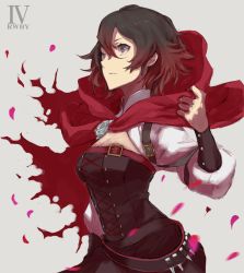 Rule 34 | alternate costume, cape, gradient hair, grey eyes, hayami ritsu, looking up, multicolored hair, petals, red hair, ruby rose, rwby, solo, torn cape, torn clothes