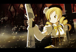 Rule 34 | 10s, 1girl, anthony (madoka magica), beret, blonde hair, breasts, corset, cross, detached sleeves, drill hair, fingerless gloves, gloves, grin, gun, hair ornament, hat, kama iruka, letterboxed, magical girl, magical musket, mahou shoujo madoka magica, mahou shoujo madoka magica (anime), official style, ribbon, shirt, smile, taut clothes, taut shirt, tomoe mami, trigger discipline, weapon, yellow eyes