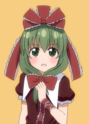 Rule 34 | 1girl, anime coloring, bad id, bad pixiv id, bow, dress, front ponytail, green eyes, green hair, hair bow, hair ribbon, hand on own chest, highres, kagiyama hina, long hair, looking at viewer, matching hair/eyes, mikomiko (mikomikosu), orange background, red dress, ribbon, short sleeves, simple background, smile, solo, square mouth, touhou, upper body, wrist ribbon