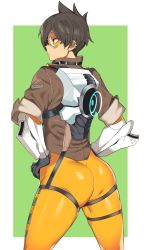 Rule 34 | 1girl, ass, bodysuit, bomber jacket, brown hair, brown jacket, chest harness, ear piercing, goggles, hands on own hips, harness, highres, jacket, leather, leather jacket, legs apart, orange bodysuit, overwatch, overwatch 1, pants, piercing, shiny clothes, short hair, solo, spiked hair, standing, tight clothes, tight pants, tracer (overwatch), urec, visor