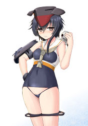 Rule 34 | 10s, 1girl, abyssal ship, armband, asymmetrical hair, bare shoulders, black hair, blue one-piece swimsuit, blush, breasts, brown eyes, cameltoe, clitoris slip, covered navel, creature, crop top, eyes visible through hair, framed breasts, hair between eyes, hand on own hip, harukigenia, hat, i-13 (kancolle), kantai collection, long hair, looking at viewer, medium breasts, nose blush, on shoulder, one-piece swimsuit, pussy, pussy peek, school swimsuit, school uniform, serafuku, shirt, sleeveless, sleeveless shirt, solo, standing, swimsuit, swimsuit under clothes, thigh strap, white shirt, wristband