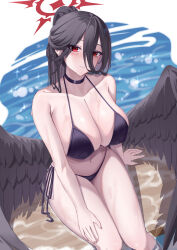 Rule 34 | 1girl, absurdres, alternate costume, arm support, bare arms, bare shoulders, bikini, black bikini, black choker, black hair, black wings, blue archive, blush, breasts, choker, feathered wings, hair between eyes, halo, halterneck, hand on own thigh, hasumi (blue archive), head tilt, highres, kaijiba, large breasts, large wings, looking at viewer, low wings, mole, mole under eye, navel, parted lips, ponytail, red eyes, red halo, side-tie bikini bottom, sideboob, sitting, soaking feet, solo, stomach, swimsuit, thighs, water, wet, wings