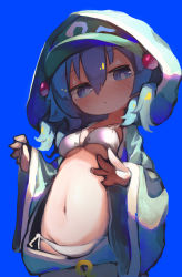 Rule 34 | 1girl, absurdres, bikini, blue background, blue hair, breasts, chii (tsumami tsumamare), cleavage, commentary, flat cap, green hat, hat, highres, hood, kawashiro nitori, looking at viewer, medium breasts, navel, open mouth, ringed eyes, simple background, solo, swimsuit, symbol-only commentary, touhou, upper body, white bikini
