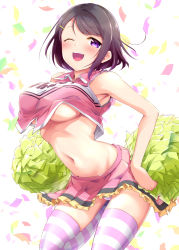 Rule 34 | arched back, bare shoulders, blush, breasts, brown hair, chado, cheerleader, confetti, covered erect nipples, cowboy shot, crop top, crop top overhang, frilled skirt, frills, groin, hair ornament, hairclip, highres, large breasts, leaning forward, looking at viewer, medium hair, midriff, miniskirt, navel, no bra, one eye closed, open mouth, original, panties, pantyshot, pleated skirt, pom pom (cheerleading), purple eyes, shirt, skirt, sleeveless, sleeveless shirt, smile, standing, standing on one leg, striped clothes, striped panties, striped thighhighs, swept bangs, thighhighs, underboob, underwear, wing collar, zettai ryouiki