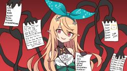 Rule 34 | 1girl, black gloves, blonde hair, collarbone, commentary, elbow gloves, empty eyes, english text, fairy, flower, gloves, gradient background, green ribbon, hair flower, hair ornament, hair ribbon, halterneck, heart, highres, holding, holding paper, long arms, long hair, looking at viewer, m r b, nijisanji, nijisanji en, open mouth, paper, pointy ears, pomu rainpuff, red background, red eyes, ribbon, smile, tiger, virtual youtuber, wotagei