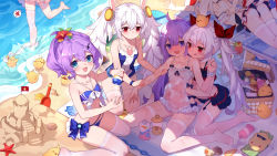 Rule 34 | 6+girls, :d, :q, anger vein, animal, animal ears, animal on head, azur lane, bare shoulders, basket, beach, bikini, bird, bird on head, blue bikini, blue eyes, blue one-piece swimsuit, book, breasts, chick, collarbone, commentary request, from above, hair ribbon, hammann (azur lane), hammann (rebellious summer) (azur lane), hand on another&#039;s stomach, highres, holding, holding another&#039;s arm, holding book, javelin (azur lane), javelin (beach picnic!) (azur lane), laffey (azur lane), long hair, looking at another, looking at viewer, lotion bottle, manjuu (azur lane), multiple girls, no shoes, official alternate costume, on head, one-piece swimsuit, open mouth, out of frame, purple eyes, purple hair, rabbit ears, red eyes, ribbon, sand castle, sand sculpture, sitting, small breasts, smile, spoken anger vein, starfish, swimsuit, thighhighs, tongue, tongue out, tsubasa tsubasa, twintails, unicorn (azur lane), vampire (azur lane), very long hair, water, white hair, white legwear, white one-piece swimsuit, yuri
