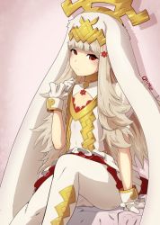 Rule 34 | 1girl, animal ears, artist name, rabbit ears, cleavage cutout, closed mouth, clothing cutout, dress, fake animal ears, fire emblem, fire emblem heroes, flat chest, flower, gloves, grey hair, hair flower, hair ornament, highres, long hair, nintendo, obakeart, red eyes, short dress, sitting, solo, veronica (fire emblem), white gloves, white legwear