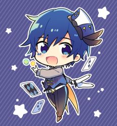 Rule 34 | 1boy, belt, black feathers, blue background, blue eyes, blue hair, blue headwear, blue vest, card, chibi, circus, club (shape), diamond (shape), facial tattoo, feathers, gloves, hat, hat feather, holding, holding knife, kaito (vocaloid), knife, looking at viewer, magical mirai (vocaloid), magical mirai kaito, male focus, open mouth, pants, playing card, sinaooo, smile, spade (shape), star (symbol), striped, striped background, tattoo, throwing knife, vest, vocaloid, weapon, white gloves