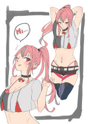 Rule 34 | 1girl, ;p, absurdres, alternate breast size, alternate hairstyle, arms up, azur lane, belt, bikini, black border, black choker, black shorts, blue thighhighs, blush, border, breasts, bremerton (azur lane), choker, cleavage, collarbone, commentary request, cowboy shot, crop top, cutoffs, ear piercing, flying sweatdrops, grey belt, grey hair, grey thighhighs, groin, hair between eyes, hair intakes, hair tie, highleg, highleg bikini, highres, kitajii, lifebuoy ornament, long hair, looking at viewer, midriff, mole, mole on breast, mole under eye, multicolored hair, multiple views, navel, navel piercing, off-shoulder shirt, off shoulder, one eye closed, piercing, pink bikini, pink eyes, pink hair, ponytail, shirt, short shorts, short sleeves, shorts, side-tie bikini bottom, sidelocks, simple background, single bare shoulder, speech bubble, standing, streaked hair, swimsuit, thigh strap, thighhighs, tongue, tongue out, two-tone hair, two-tone legwear, two-tone shirt, tying hair, underboob, upper body, white background