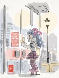 Rule 34 | 1girl, brown hair, camera, cellphone, checkered clothes, checkered skirt, commentary, convenience store, coronavirus pandemic, dated, gensoukoumuten, geta, hat, highres, himekaidou hatate, lamppost, mask, mouth mask, necktie, phone, pointy ears, shop, skirt, solo, surgical mask, taking picture, tearing up, tengu-geta, tokin hat, touhou, twintails