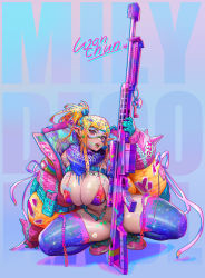 Rule 34 | 1girl, anti-materiel rifle, arm support, assault rifle, barrett m82, bikini, blonde hair, blue gloves, blue thighhighs, breasts, colorful, down jacket, facial mark, gloves, goggles, gun, highres, holding, holding gun, holding weapon, huge breasts, jacket, long hair, long sleeves, looking at viewer, micro bikini, open clothes, open jacket, open mouth, original, pointy ears, ponytail, pouch, purple scarf, purple theme, red bikini, rifle, scarf, signature, sniper rifle, solo, squatting, swimsuit, thighhighs, weapon, wonchun