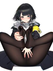 Rule 34 | 1girl, absurdres, arknights, arknights: endfield, ateoyh, black eyes, black hair, black jacket, black pantyhose, blush, covering privates, endministrator (arknights), feet, female endministrator (arknights), grin, highres, jacket, looking at viewer, pantyhose, simple background, sitting, smile, solo, white background