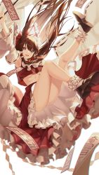 Rule 34 | 1girl, absurdres, bad id, bad twitter id, bow, breasts, brown hair, buri (retty9349), crop top, detached sleeves, frilled bow, frilled skirt, frills, hair bow, hair tubes, hakurei reimu, highres, legs, legs up, long hair, looking at viewer, medium breasts, ofuda, open mouth, red eyes, red skirt, ribbon-trimmed sleeves, ribbon trim, skirt, skirt set, solo, touhou, underboob, wide sleeves