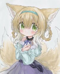 Rule 34 | 1girl, animal ear fluff, animal ears, arknights, bare shoulders, black collar, blonde hair, blue hairband, blue shirt, blush, braid, braided hair rings, closed mouth, clothing cutout, collar, colored tips, cowboy shot, fox ears, fox girl, fox tail, hair between eyes, hair rings, hairband, highres, infection monitor (arknights), kitsune, kyuubi, long sleeves, looking at viewer, multicolored hair, multiple tails, own hands together, purple skirt, reitoubeef, shirt, short hair, shoulder cutout, simple background, skirt, solo, suzuran (arknights), tail, twin braids, upper body, white background, white hair