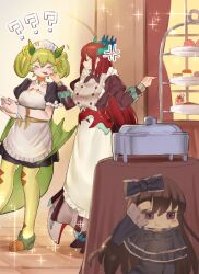 3girls ? ?? anger_vein apron black_hair blush breasts brown_eyes cheek_pinching closed_eyes closed_mouth dessert dougaku_(passionpit777) dragon_girl dragon_horns dragon_tail dragon_wings duel_monster food frilled_apron frills ghost_belle_&amp;_haunted_mansion green_hair hiding high_heels highres holding horns kitchen_dragonmaid large_breasts lolita_fashion long_hair long_sleeves maid_apron multiple_girls parlor_dragonmaid pinching pointing pointing_at_object puffy_long_sleeves puffy_sleeves red_hair short_sleeves sweat tail thighhighs tongue tongue_out twintails waist_apron white_apron wings yellow_thighhighs yu-gi-oh!