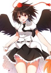 Rule 34 | 1girl, :d, black hair, black necktie, black skirt, black wings, blush, breasts, commentary, cowboy shot, feathered wings, hair between eyes, hand fan, hat, highres, holding, holding fan, leaf fan, looking at viewer, medium breasts, miniskirt, necktie, open mouth, petticoat, pointy ears, puffy short sleeves, puffy sleeves, red eyes, shameimaru aya, shirt, short hair, short sleeves, simple background, skirt, smile, solo, standing, tassel, thighs, tksand, tokin hat, touhou, white background, white shirt, wings