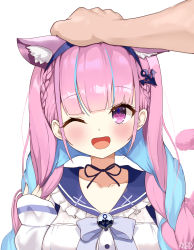 Rule 34 | 1girl, absurdres, anchor hair ornament, anchor symbol, animal ear fluff, animal ears, blue choker, blue hair, blue hairband, blunt bangs, blush, bow, bowtie, braid, breasts, cat ears, cat girl, cat tail, choker, collarbone, colored inner hair, french braid, frilled shirt collar, frills, hair ornament, hairband, hand on another&#039;s head, headpat, highres, hololive, knbd, long hair, long sleeves, looking at viewer, minato aqua, minato aqua (sailor), multicolored hair, one eye closed, open mouth, purple eyes, purple hair, ribbon choker, sailor collar, school uniform, serafuku, shirt, smile, streaked hair, tail, twin braids, two-tone hair, virtual youtuber, white background, white shirt
