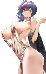 Rule 34 | 1girl, absurdres, azur lane, bare shoulders, blue hair, breasts, dress, earrings, evening gown, feather boa, grin, hair ornament, hand up, highres, hiiragi yuuichi, jewelry, large breasts, looking at viewer, necklace, no bra, official alternate costume, parted lips, plunging neckline, red eyes, revealing clothes, side ponytail, sideboob, silver dress, simple background, smile, solo, st. louis (azur lane), st. louis (luxurious wheels) (azur lane), thighs, white background