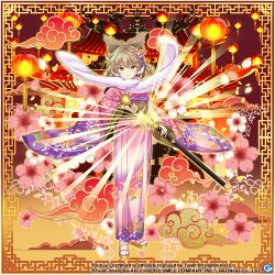 Rule 34 | 1girl, alternate costume, brown eyes, brown hair, closed mouth, cloud, commentary, copyright name, copyright notice, english commentary, floral print, flower, full body, fur trim, furisode, game cg, holding, holding sword, holding weapon, japanese clothes, kimono, lantern, long sleeves, looking at viewer, new year, pink flower, pink kimono, pointy hair, rotte (1109), smile, solo, standing, sword, third-party source, touhou, touhou lostword, toyosatomimi no miko, toyosatomimi no miko (dojo safety saint), weapon, wide sleeves