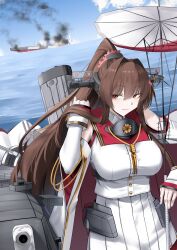 1girl artist_request battleship blue_sky breasts brown_eyes brown_hair cherry_hair_ornament closed_mouth commission detached_sleeves food-themed_hair_ornament hair_intakes hair_ornament highres holding holding_umbrella kantai_collection large_breasts looking_to_the_side military_vehicle miniskirt ocean off_shoulder pleated_skirt ponytail radar red_sailor_collar sailor_collar second-party_source ship ship_turret sinking skirt sky smile solo umbrella warship watercraft white_skirt yamato_(kancolle) yamato_kai_ni_(kancolle)