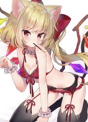 Rule 34 | 1girl, bad id, bad twitter id, flandre scarlet, food, highres, kawachi rin, pocky, pocky day, simple background, solo, thighhighs, touhou, white background