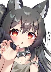 Rule 34 | 1girl, animal ear fluff, animal ears, bare shoulders, black collar, black hair, blush, claw pose, collar, collarbone, dress, fang, grey dress, hand up, long hair, looking at viewer, one side up, original, parted lips, red eyes, siera (sieracitrus), simple background, solo, spiked collar, spikes, strap slip, white background