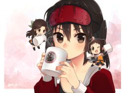 Rule 34 | 3girls, alternate costume, antenna hair, blush, bow, brown eyes, brown hair, chibi, closed mouth, coffee, coffee mug, commentary request, cup, detached sleeves, double bun, drinking, elbow gloves, gloves, hair between eyes, hair bow, hair bun, hair intakes, hair ornament, half updo, holding, jintsuu (kancolle), kantai collection, koruri, long hair, long sleeves, looking at viewer, mug, multiple girls, naka (kancolle), one eye closed, open mouth, ponytail, school uniform, sendai (kancolle), serafuku, simple background, sleep mask, smile, sugar cube, thighhighs