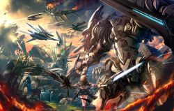 Rule 34 | 1girl, aerial battle, aircraft, airplane, battle, boots, brown hair, burning, cloud, crossed legs, debris, energy sword, fighter jet, fire, from behind, gun, highres, jet, mecha, military, military vehicle, original, outdoors, robot, rock, science fiction, short hair, smoke, soraizumi, standing, sword, unfinished, weapon