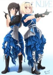 Rule 34 | 2girls, asymmetrical gloves, black footwear, black gloves, black hair, blonde hair, blue dress, blue hairband, blue nails, boots, closed mouth, commentary request, cross-laced footwear, diesel-turbo, dress, finger gun, fingerless gloves, full body, gloves, hairband, half gloves, highres, idol, inoue takina, knee boots, lace-up boots, long hair, lycoris recoil, multiple girls, nail polish, nishikigi chisato, ponytail, short hair, short sleeves, signature, smile