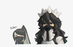 Rule 34 | 2girls, black hair, borrowed character, commentary, english commentary, executioner maid (centuriic), hair between eyes, highres, lipstick mark, long hair, maid headdress, mask, mouth mask, multiple girls, original, porforever, simple background, wavy hair, white background
