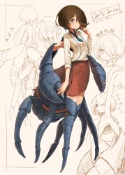 Rule 34 | 159cm, 1girl, arthropod girl, blue eyes, blue necktie, blush, bob cut, breasts, claws, crab girl, drinking, extra arms, extra legs, female focus, full body, hair over one eye, highres, light smile, monster girl, necktie, original, partially colored, red skirt, skirt, solo, sweater, white sweater