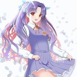 Rule 34 | 1girl, alternate costume, alternate eye color, alternate hair color, bow, commentary request, fate/grand order, fate (series), frilled skirt, frills, hair ribbon, highres, holding, holding clothes, holding skirt, ishtar (fate), long hair, multicolored hair, open mouth, purple hair, red bow, red eyes, redeye tmirm, ribbon, school uniform, shirt, simple background, skirt, smile, space ishtar (third ascension) (fate), twintails, two-tone hair, white background, white shirt