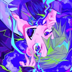 Rule 34 | 1boy, album cover, blue background, blue eyes, blue tongue, borrowed character, coat, collared shirt, colored tongue, cover, fallin&#039; dead relive life (vocaloid), green hair, highres, himanemuitoma, long sleeves, looking at viewer, naro tanaka, open mouth, original, purple coat, shirt, short hair, sleeves past wrists, smile, solo, v-shaped eyebrows, vocaloid, white shirt
