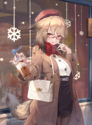 Rule 34 | 1girl, absurdres, alternate costume, animal ear piercing, animal ears, arknights, bag, belt, beret, bespectacled, black skirt, blush, breasts, brown coat, brown hair, brown pantyhose, buttons, coat, commentary request, cowboy shot, cup, cutter (arknights), disposable cup, drink, finger to mouth, fox ears, fox girl, fox tail, glasses, hair ornament, hairclip, handbag, hat, highres, jewelry, koshouko (fenrisulfr1010), medium breasts, medium hair, merry christmas, nail polish, necklace, outdoors, pantyhose, pink nails, red eyes, red hat, red scarf, ring, scarf, shirt, shirt tucked in, skirt, snowflake ornament, solo, standing, tail, white bag, white shirt, window, winter clothes