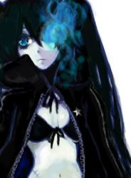 Rule 34 | 10s, 1girl, bad id, bad pixiv id, black hair, black rock shooter, black rock shooter (character), blue eyes, hatsune miku, long hair, lowres, midriff, navel, okia, solo, twintails, vocaloid