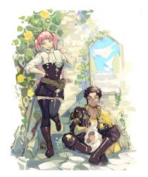 Rule 34 | 1boy, 1girl, absurdres, against wall, animal, animal on lap, axe, belt, boots, brown hair, cat, cat on lap, claude von riegan, crossed ankles, dark-skinned male, dark skin, fire emblem, fire emblem: three houses, green eyes, hand on own hip, highres, hilda valentine goneril, ivy, knee boots, long hair, matching hair/eyes, nintendo, olopheris, on lap, pink eyes, pink hair, sitting, thighhighs, twintails, weapon