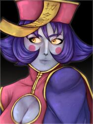 Rule 34 | 1girl, blue skin, breasts, cleavage, cleavage cutout, clothing cutout, colored skin, ff4ngz, hat, highres, large breasts, lei lei, lips, medium breasts, purple hair, vampire (game), yellow eyes