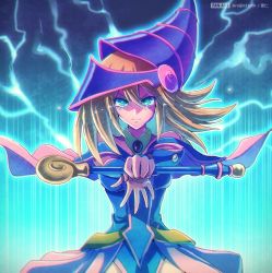 Rule 34 | 1girl, blonde hair, blue eyes, blue leotard, capelet, closed mouth, dark magician girl, duel monster, floating hair, hair between eyes, holding, holding staff, leotard, long hair, looking at viewer, pink capelet, raijin-bh, solo, staff, tears, thunder, v-shaped eyebrows, yu-gi-oh!, yu-gi-oh! duel monsters