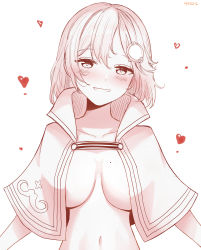 Rule 34 | 4zazil, absurdres, belly, blush, breasts, cloak, grin, hair ornament, heart, highres, hololive, hololive english, lineart, mole, mole on breast, navel, nipple slip, nipples, open cloak, open clothes, short hair, simple background, smile, virtual youtuber, watson amelia
