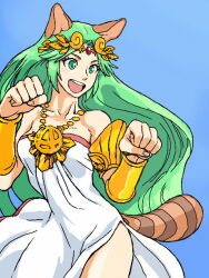 Rule 34 | 1girl, animal ears, blue background, breasts, chain, diadem, gold chain, green eyes, green hair, kid icarus, kid icarus uprising, nintendo, open mouth, palutena, paw pose, raccoon ears, raccoon tail, simple background, super leaf (transformation), super smash bros., tail, toppa (igarappa), vambraces