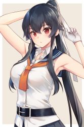 Rule 34 | 1girl, armpits, bare arms, belt, belt buckle, black belt, black hair, breasts, buckle, gloves, gradient background, ichinomiya (blantte), kantai collection, large breasts, long hair, looking at viewer, outside border, ponytail, red eyes, sailor collar, sidelocks, solo, tying hair, very long hair, vest, white gloves, white vest, yahagi (kancolle), yellow background