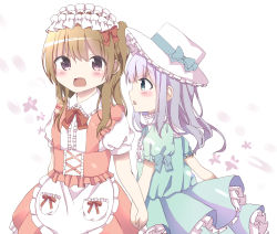 Rule 34 | 2girls, absurdres, apron, blush, bow, brown dress, brown eyes, commentary request, dress, fang, frilled apron, frills, green bow, green dress, green eyes, green ribbon, hair between eyes, hamada pengin, hat, hat bow, hat ribbon, highres, holding hands, light brown hair, long hair, multiple girls, open mouth, original, parted lips, pleated dress, puffy short sleeves, puffy sleeves, purple hair, ribbon, short sleeves, waist apron, white apron, white hat