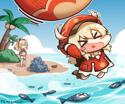 Rule 34 | &gt; &lt;, 2girls, :d, = =, > <, ahoge, backpack, bag, blush stickers, boots, bow, brown footwear, brown gloves, brown scarf, cabbie hat, chibi, clover print, coat, coconut tree, commentary request, crab, detached sleeves, fish, genshin impact, gloves, hair between eyes, hair bow, hair ribbon, hat, holding, island, jean (genshin impact), jean (sea breeze dandelion) (genshin impact), jumping, jumpy dumpty, klee (genshin impact), knee boots, kneehighs, light brown hair, long hair, long sleeves, low twintails, lxy122, multiple girls, ocean, open mouth, palm tree, pocket, pointy ears, ponytail, randoseru, red coat, red headwear, ribbon, scarf, sidelocks, smile, socks, sweatdrop, swimsuit, throwing, tree, twintails, xd