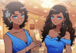 Rule 34 | 2girls, bare shoulders, black hair, blue eyes, blue nails, blue theme, blurry, bracelet, breasts, ceiling light, cleavage, cup, dark-skinned female, dark skin, depth of field, drinking glass, dual persona, dungeon meshi, earrings, formal, genderswap, genderswap (mtf), hair ornament, hairclip, hand up, hc1l 627, highres, holding, holding cup, indoors, jewelry, kabru, long hair, looking at viewer, multiple girls, nail polish, necklace, off shoulder, petals, short hair, sleeveless, smile, sparkle, twitter username, upper body