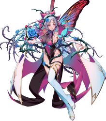 Rule 34 | 1girl, attack, bare shoulders, boots, breasts, bridal gauntlets, cleavage, covered navel, facial mark, fairy wings, fire emblem, fire emblem heroes, flower, forehead mark, full body, gold trim, grey hair, hair flower, hair ornament, high heels, highres, kainown, large breasts, long hair, navel, nintendo, non-web source, official alternate costume, official art, parted lips, pelvic curtain, plant hair, plumeria (fire emblem), plumeria (rapturous dream) (fire emblem), pointing, pointy ears, ponytail, sideboob, solo, thigh boots, thorns, very long hair, white footwear, wings