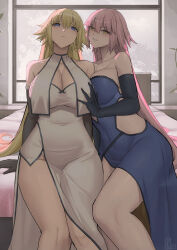 Rule 34 | 2girls, absurdres, backlighting, bare shoulders, black gloves, blonde hair, blue dress, blue eyes, blush, breast curtains, breasts, cleavage, dress, elbow gloves, fate/apocrypha, fate/grand order, fate (series), gloves, grey hair, highres, jeanne d&#039;arc (fate), jeanne d&#039;arc (ruler) (fate), jeanne d&#039;arc alter (avenger) (fate), jeanne d&#039;arc alter (fate), kakeku, large breasts, long hair, looking at viewer, multiple girls, smile, thighs, very long hair, white dress, yellow eyes