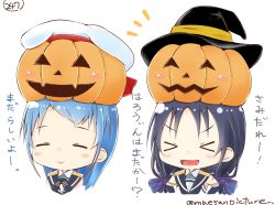 Rule 34 | &gt; &lt;, 10s, 2girls, :&gt;, beret, blue hair, blush, blush stickers, chibi, elbow gloves, closed eyes, gloves, gradient hair, hair ribbon, halloween, hat, jack-o&#039;-lantern, kantai collection, long hair, low twintails, mae (maesanpicture), multicolored hair, multiple girls, numbered, open mouth, pumpkin, pumpkin hat, ribbon, sailor collar, samidare (kancolle), smile, suzukaze (kancolle), twintails, twitter username, witch hat