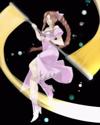 Rule 34 | 1girl, aerith gainsborough, amano yoshitaka design, bare shoulders, bow, braid, breasts, brown hair, collarbone, dissidia final fantasy, dress, female focus, final fantasy, final fantasy vii, full body, green eyes, hair bow, high heels, holding, holding weapon, long hair, medium breasts, official alternate costume, pink dress, pink ribbon, puffy short sleeves, puffy sleeves, ribbon, ryouto, short sleeves, sidelocks, solo, square enix, staff, weapon